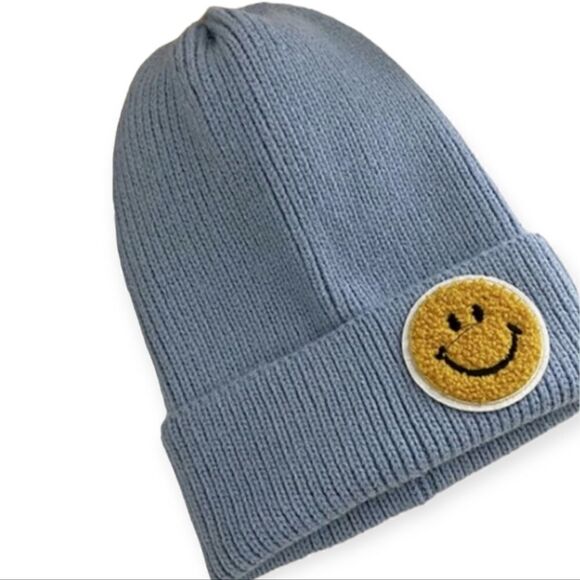 Knit ribbed smiley face hat beanie, blue - Picture 5 of 6